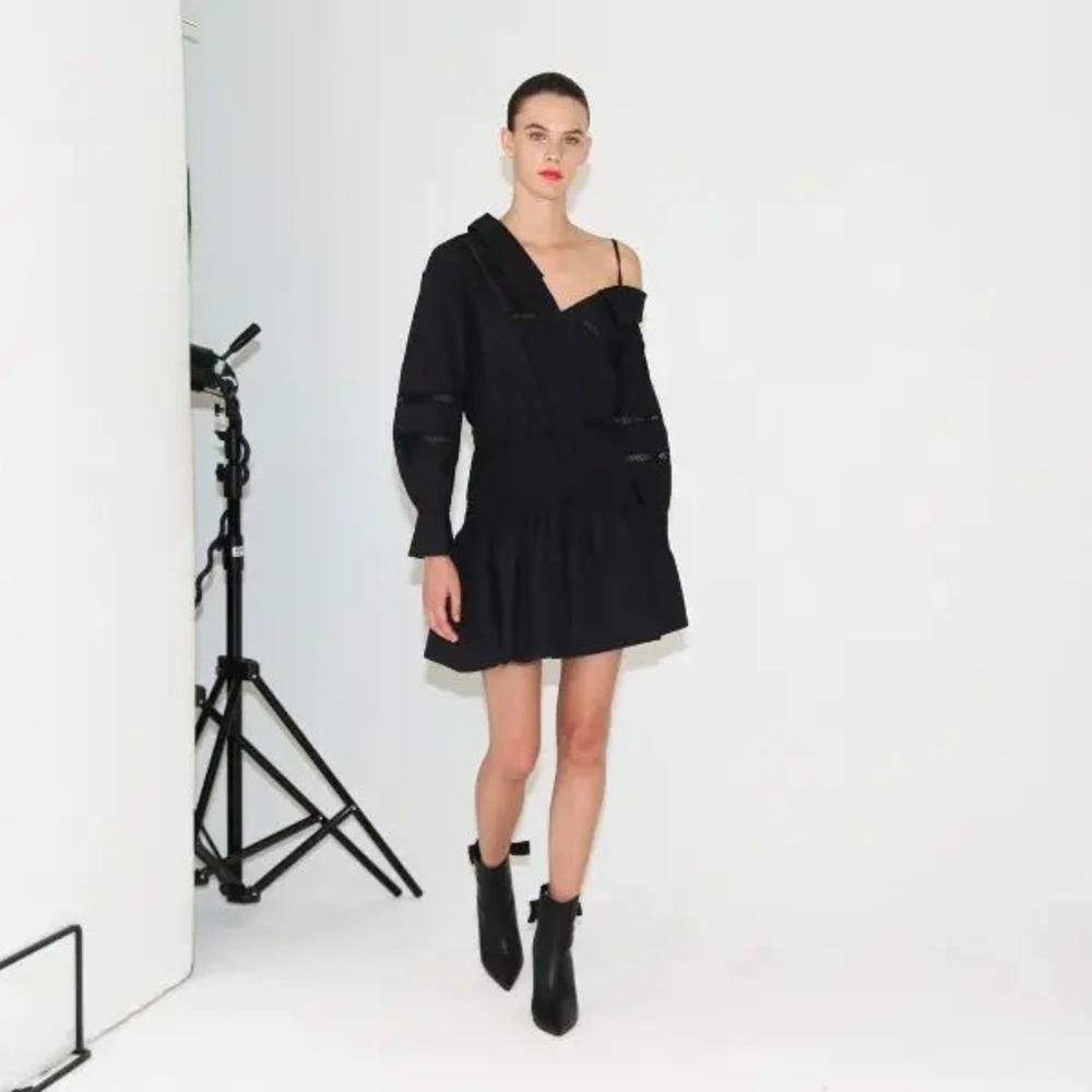 Self Portrait Black Poplin One Shoulder Mini Dress